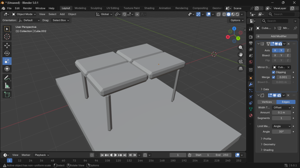 机の天板・足にベベルとミラーがかかった状態のblenderオブジェクト